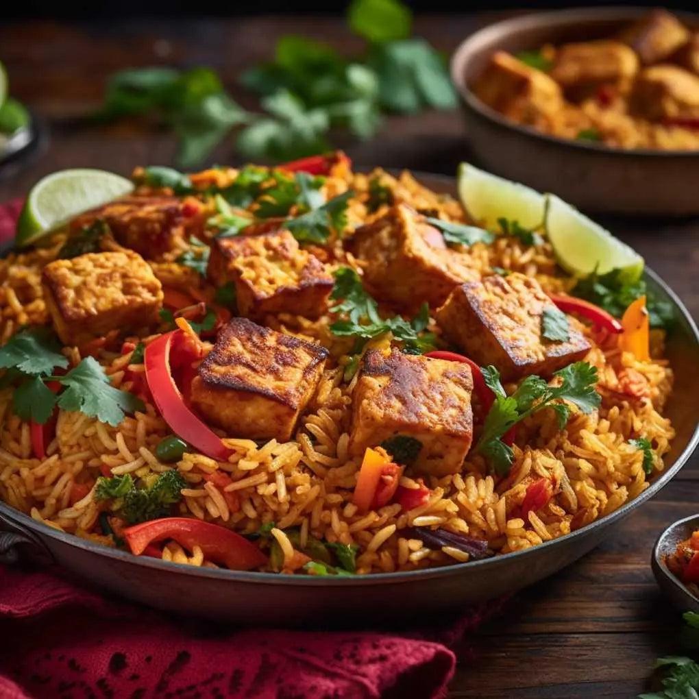 Finished Tandoori Tempeh Pulav, garnished with coriander