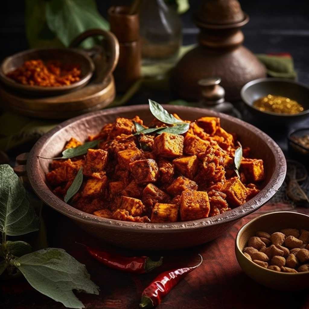 A scrumptious dish of Tempeh Ghee Roast served with dosas, the gravy's rich color and the tempeh's texture inviting you to dig in.