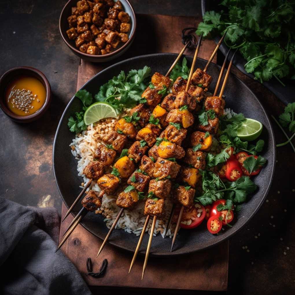 "Serving Tempeh Skewers with Peanut Sauce"
