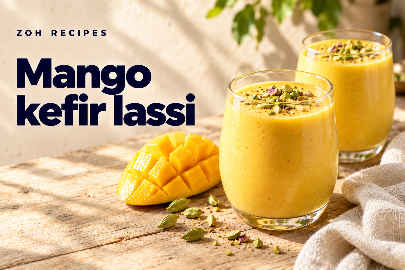 Sunlit photographic-style mango kefir lassi recipe cover