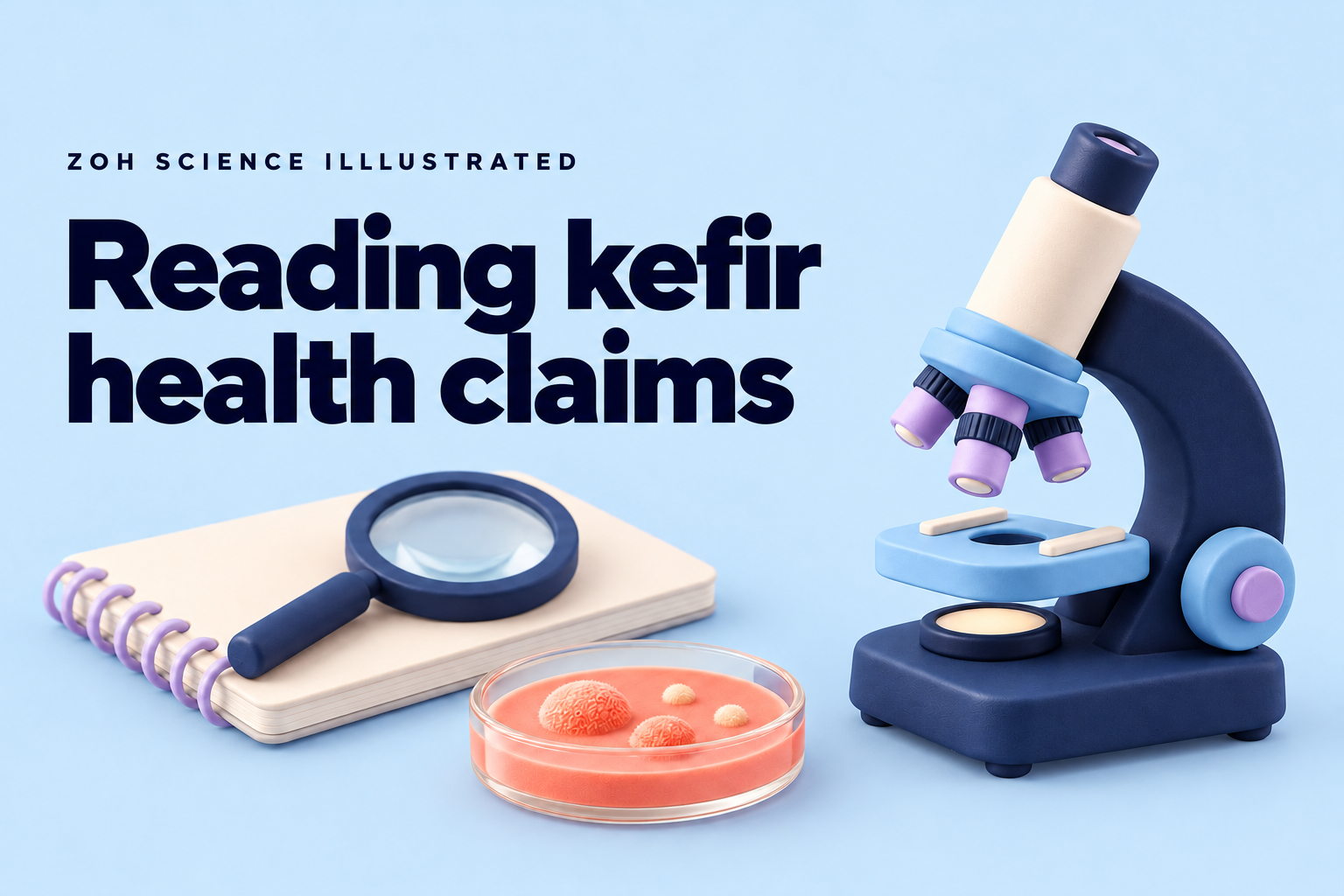 Reading kefir health claims: 3D microscope, research notebook and petri dish on sky blue