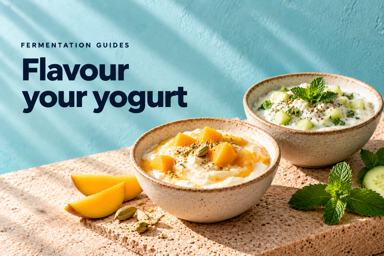 two small ceramic bowls of yogurt, one with mango and cardamom, one with cucumber mint and cumin, scattered mango slice and fresh mint — editorial illustration