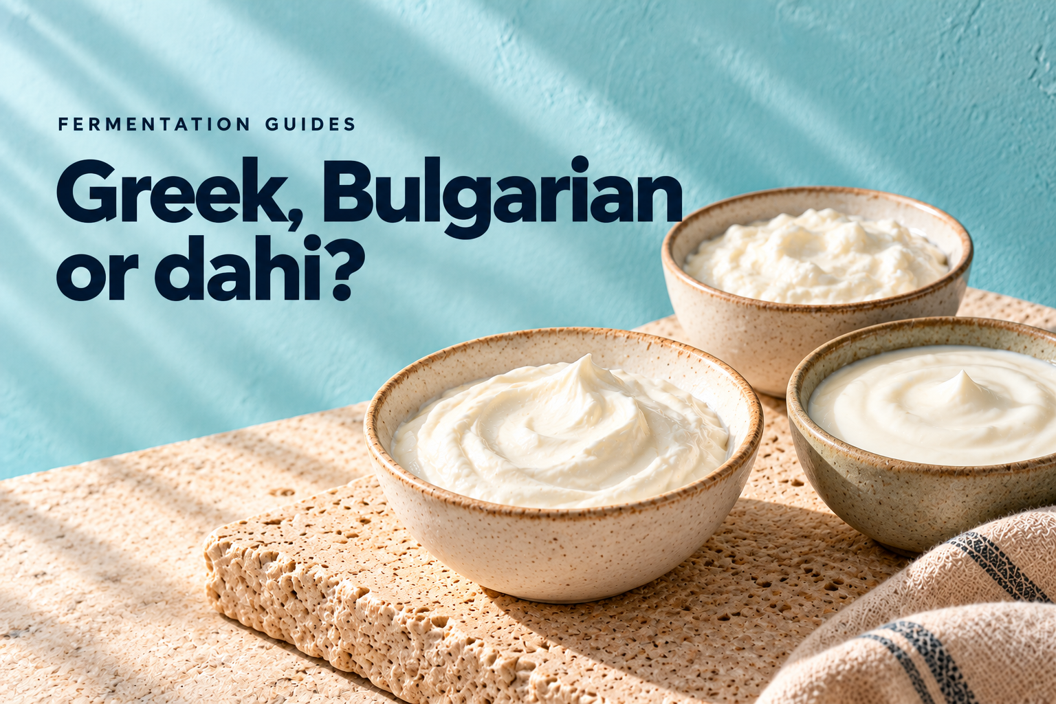 Three bowls of plain yogurt on a blue background — editorial illustration