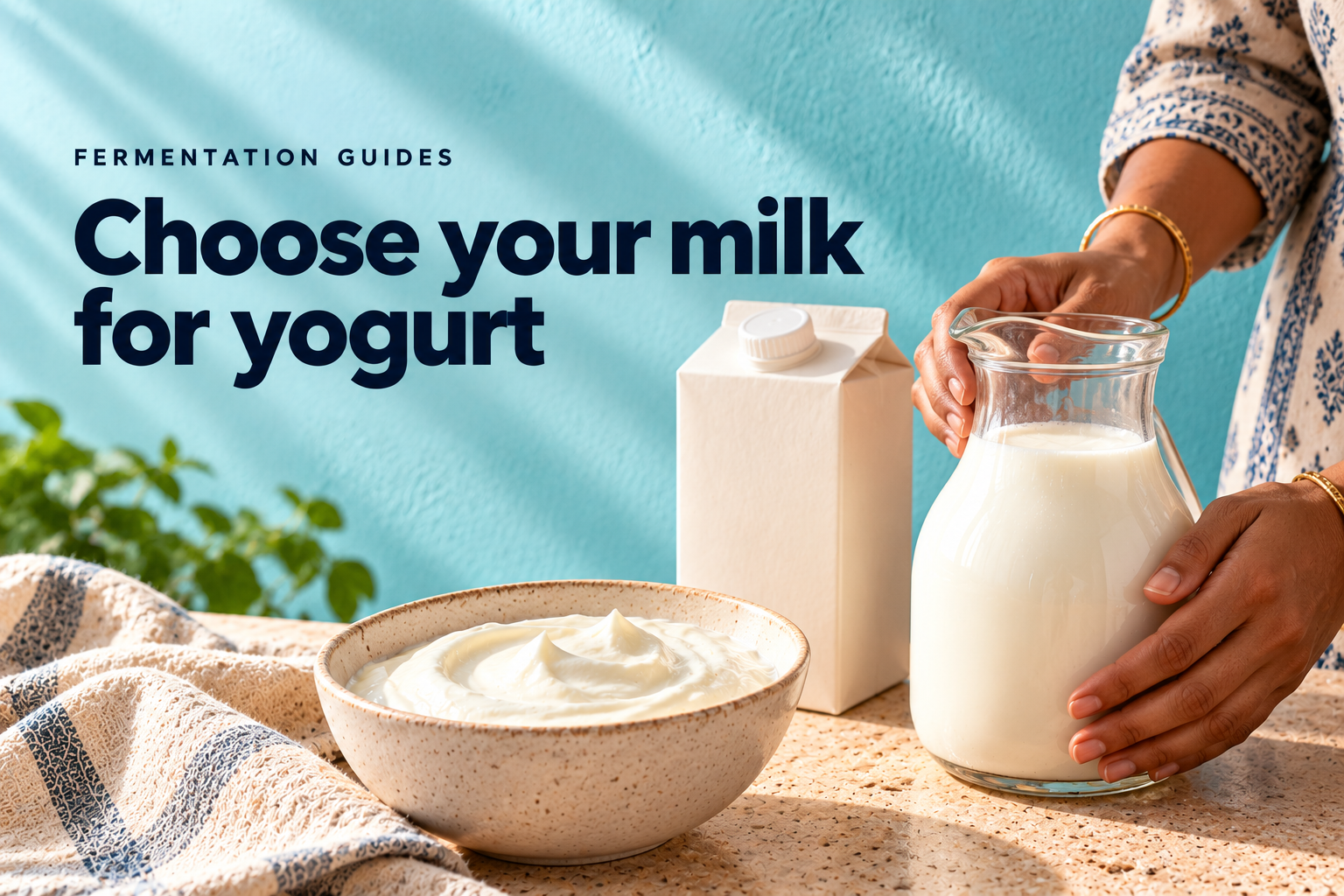 Milk jug, carton and yogurt bowl in an Indian kitchen — editorial illustration