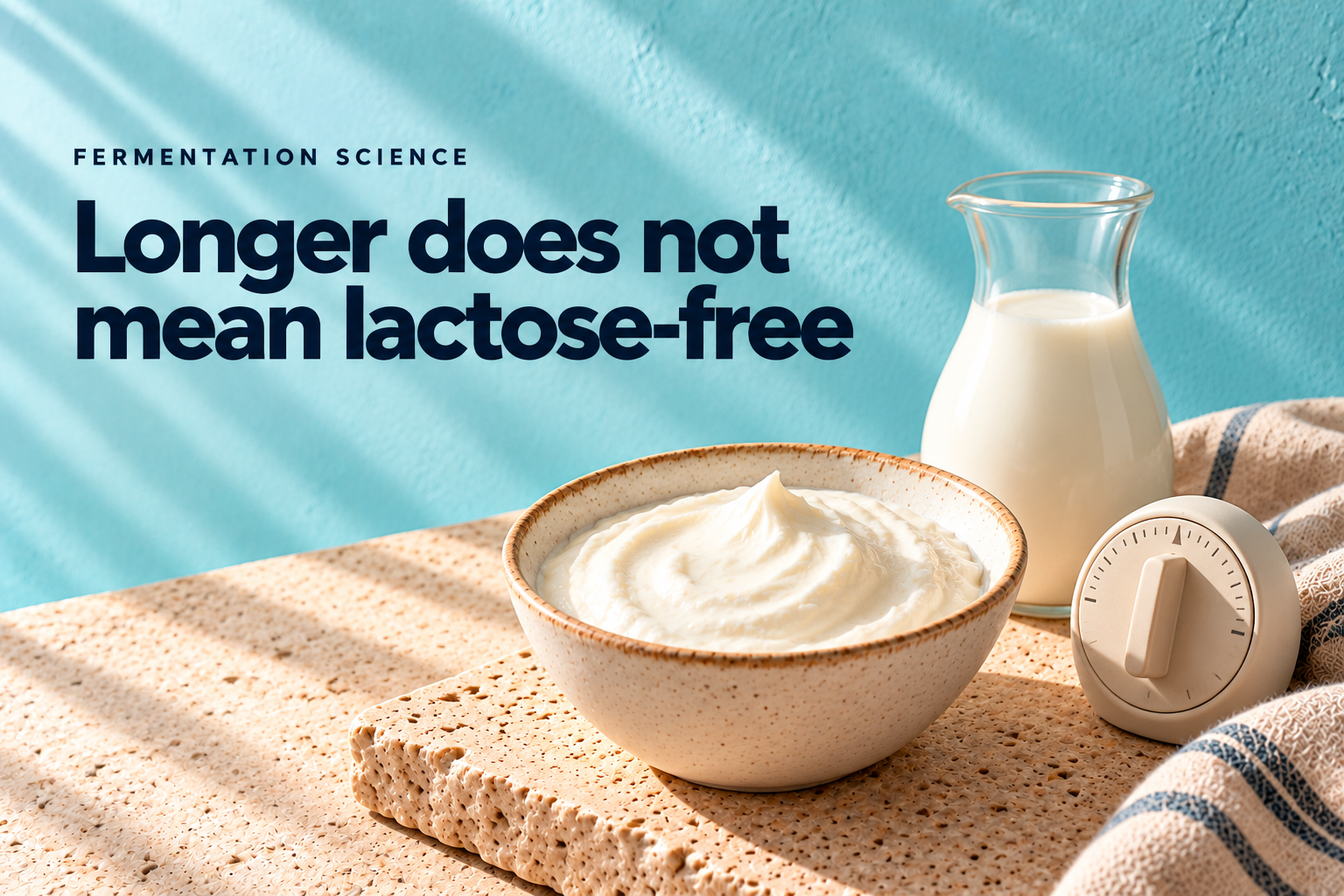 Yogurt bowl, milk carafe and kitchen timer beneath the message Longer does not mean lactose-free — editorial illustration
