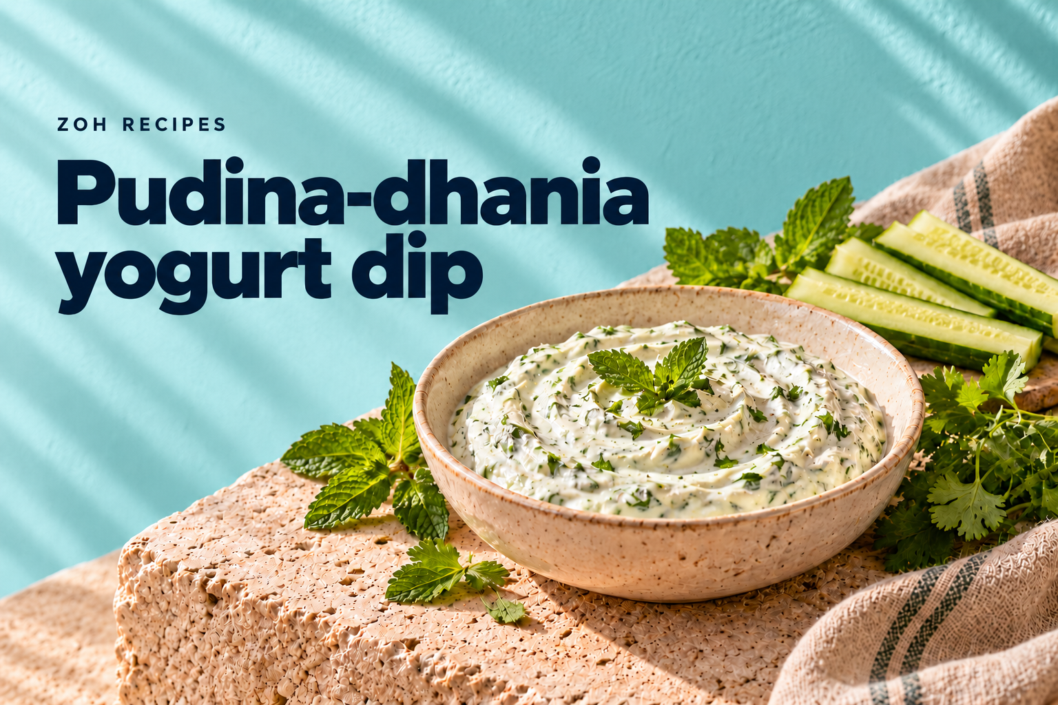 Mint and coriander yogurt dip with cucumber sticks on a blue background — editorial illustration