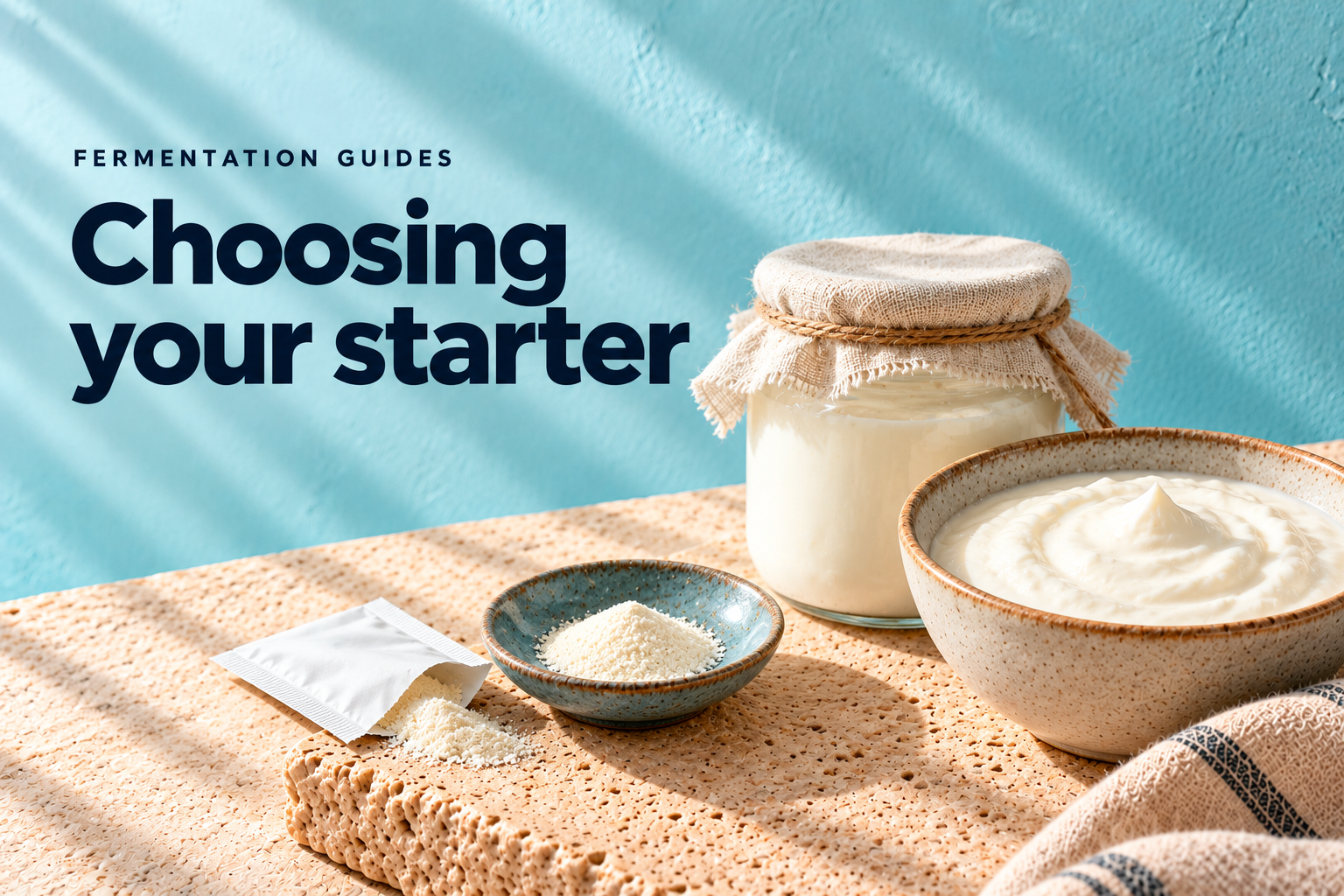 a tiny open plain unbranded white sachet beside a small blue ceramic saucer of powder on left foreground and a covered glass jar of yogurt with another bowl of yogurt on right — editorial illustration