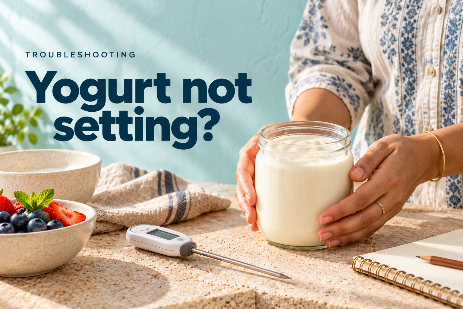 Hands holding a jar of yogurt beside a thermometer and a notebook — editorial illustration