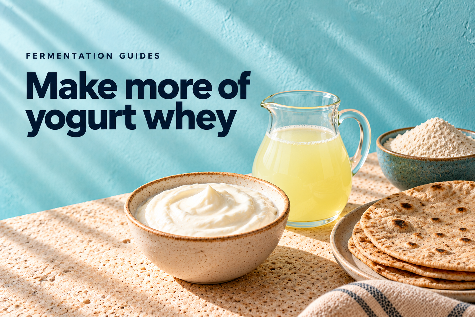 Yogurt whey in a glass jug beside dahi, atta and rotis — editorial illustration