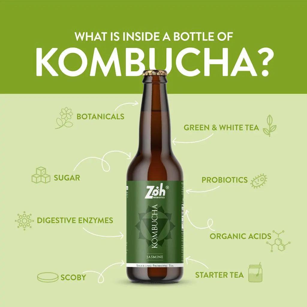 Jasmine Kombucha Ingredients: Soothing Botanicals, Green & White Tea, Natural Probiotics, Relaxing Health India
