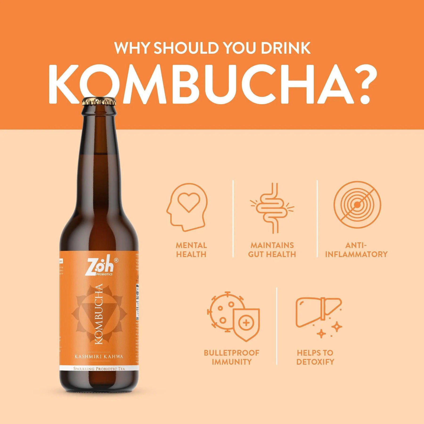 Kashmiri Kahwa Kombucha Health Advantages by Zoh: Mind Health, Gut Support, Inflammation Control, Immune Defense, Detoxification, India