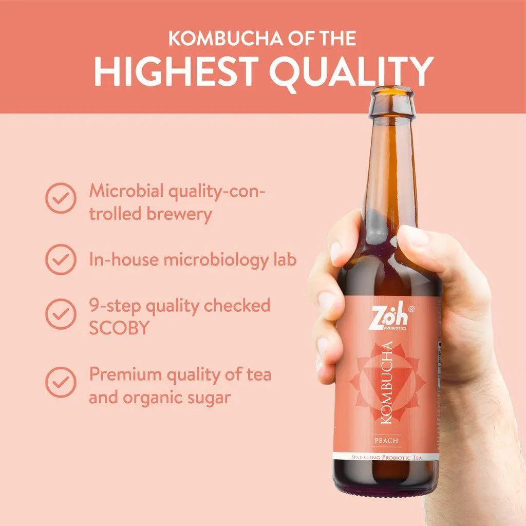 Zoh's Peach Kombucha in India: Microbial-Controlled Quality, 9-Step Checked SCOBY, Premium Organic Tea & Sugar - Best for Gut Health