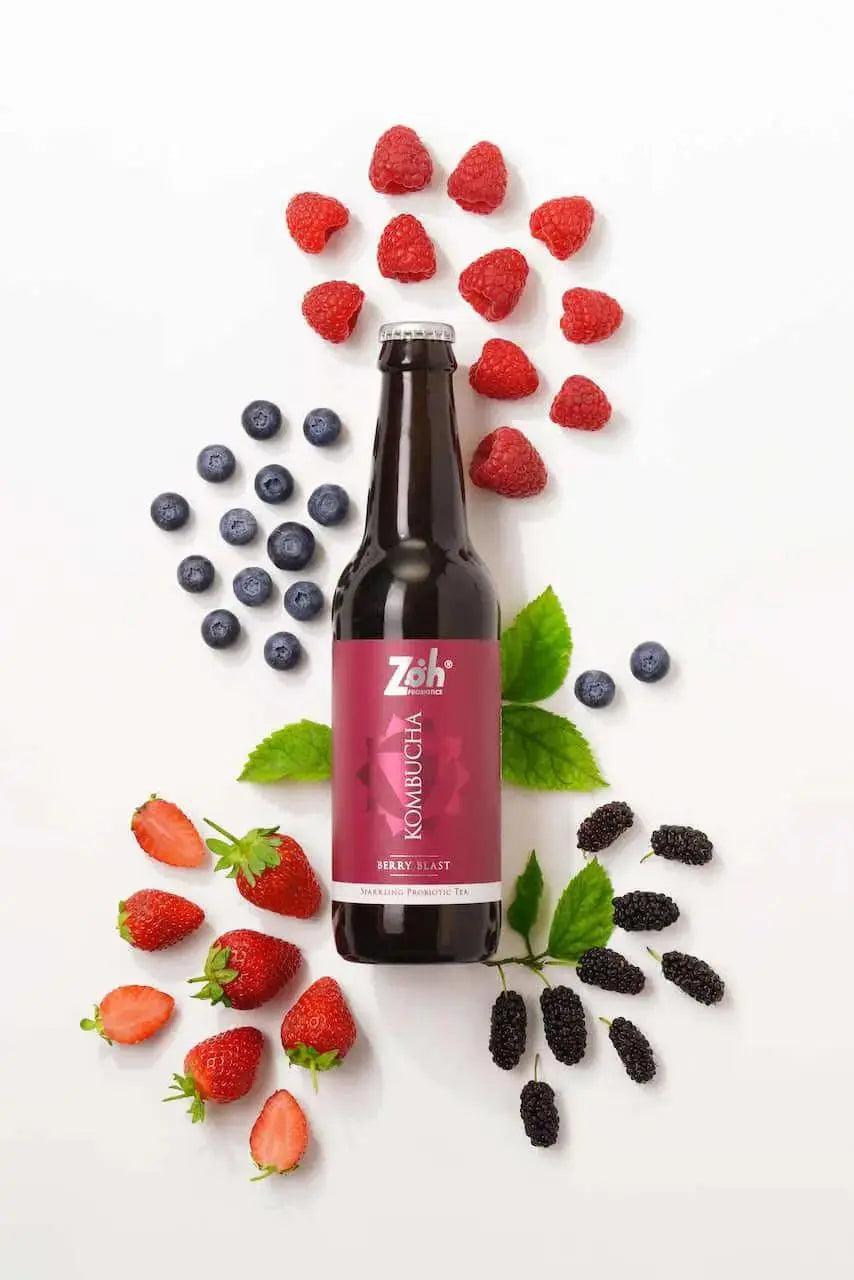 Berry blast Zoh Kombucha with ingredients, top shot, hero image, best kombucha in India