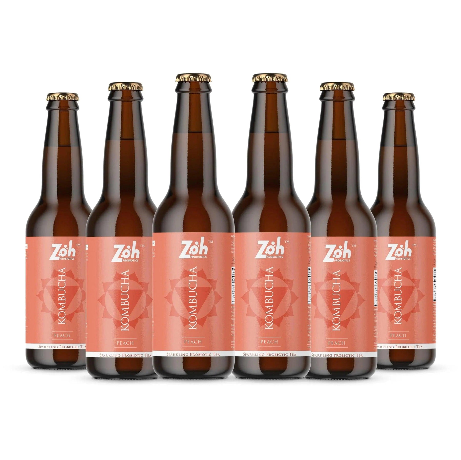 6-pack of peach Zoh Kombucha, premium probiotics in India
