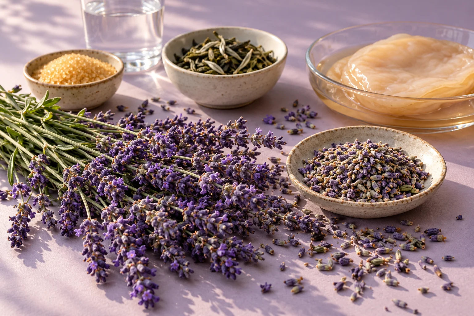 Ingredient still life: Lavender buds, with brewing ingredients