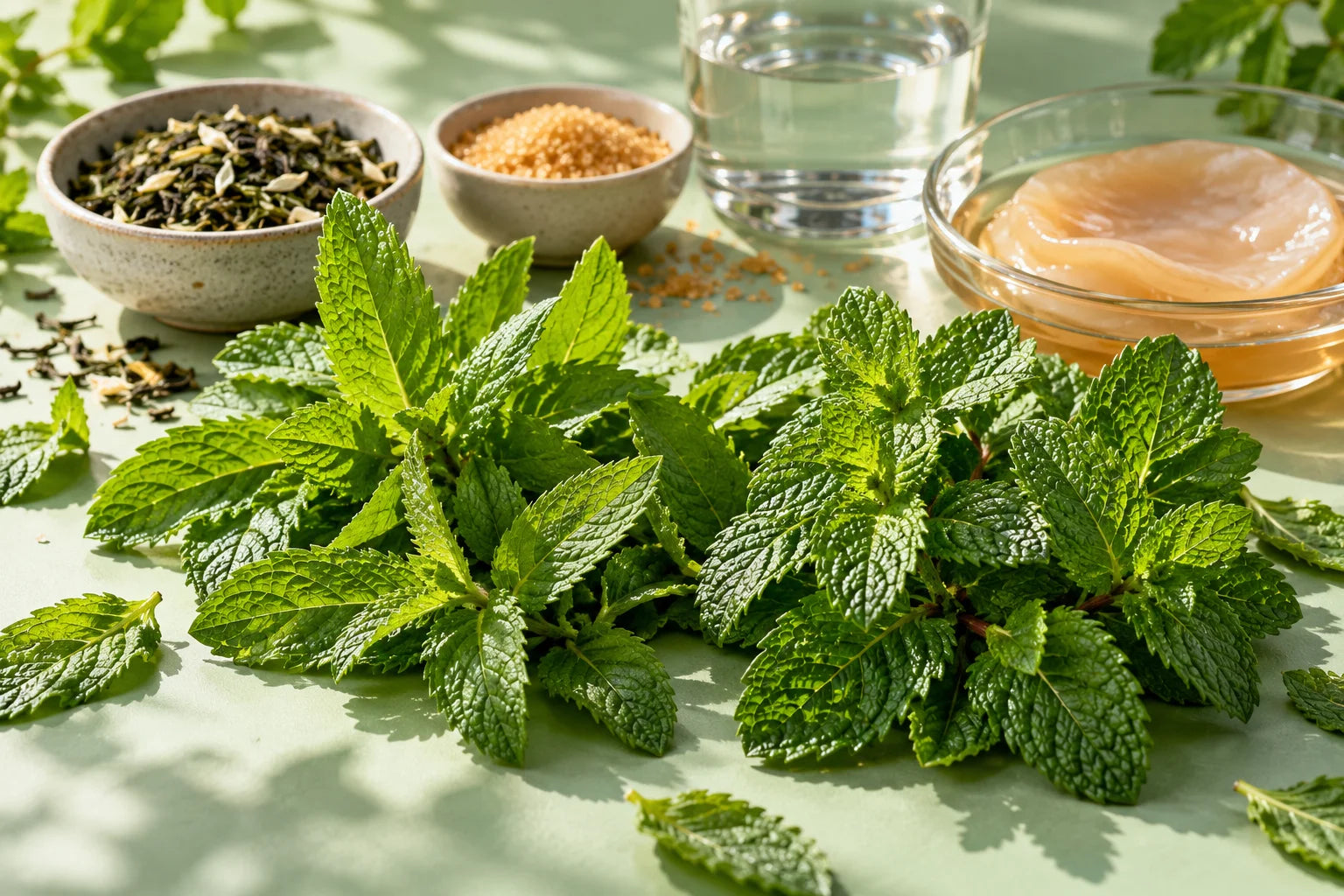 Ingredient still life: Spearmint and peppermint leaves, with brewing ingredients