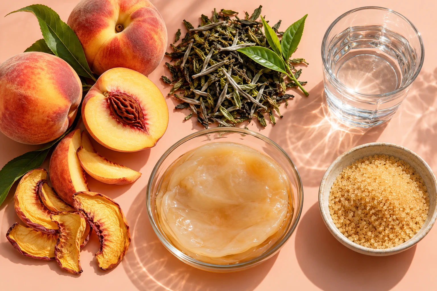 Ingredient illustration showing fuzzy peaches and dried peach slices, green and white tea, a SCOBY, water and cane sugar