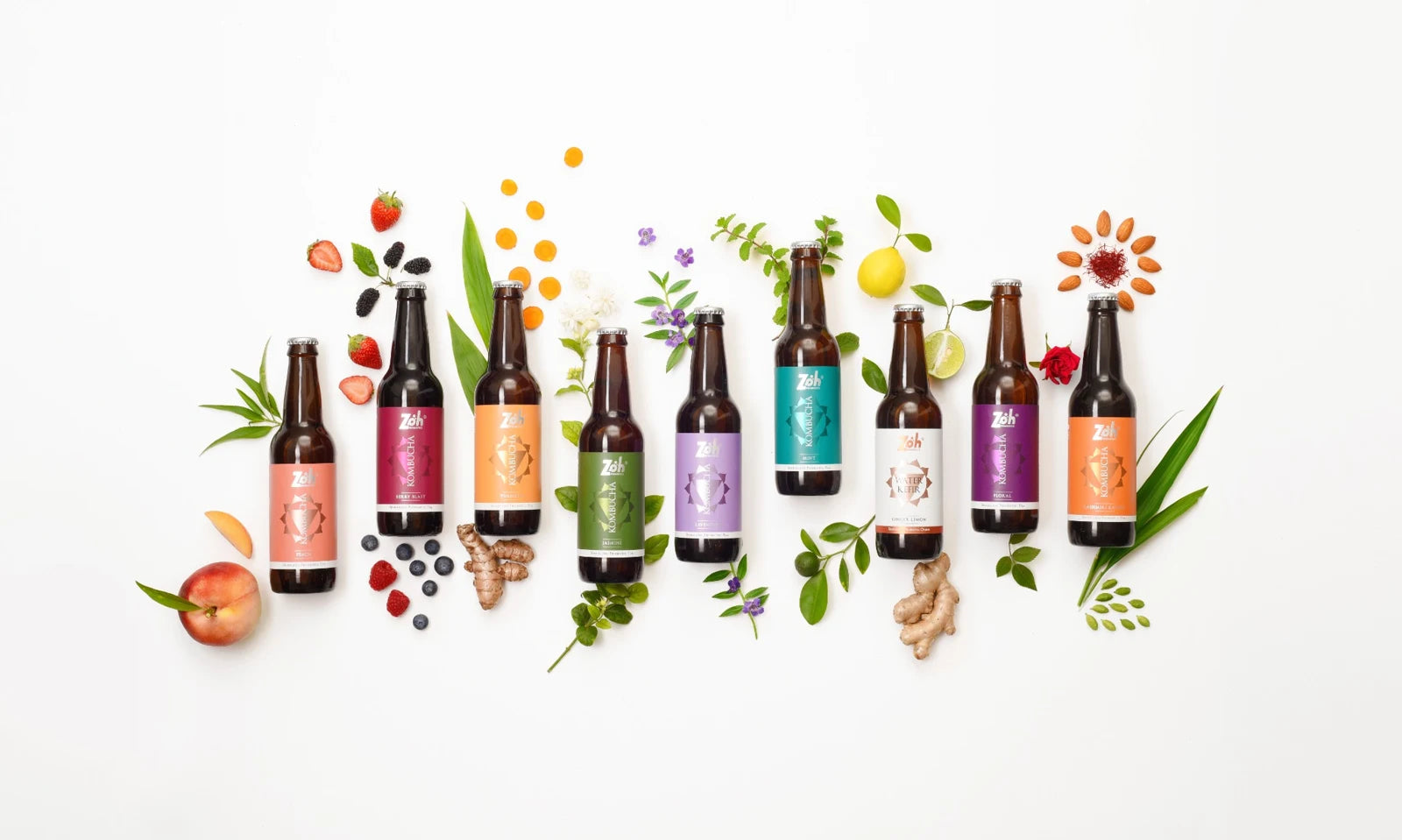 Zoh's real product photography showing its range of bottled drinks with fruit and botanicals