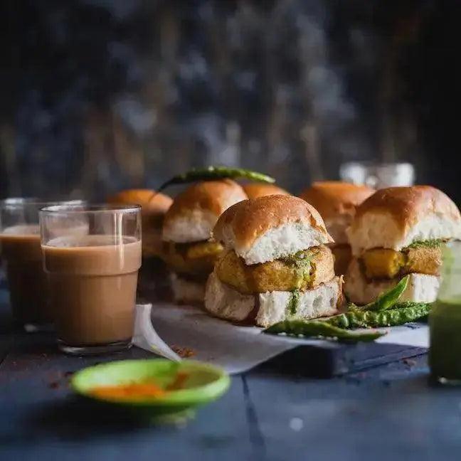 Tempeh Wada Pav Dish with Chutneys and Chai
