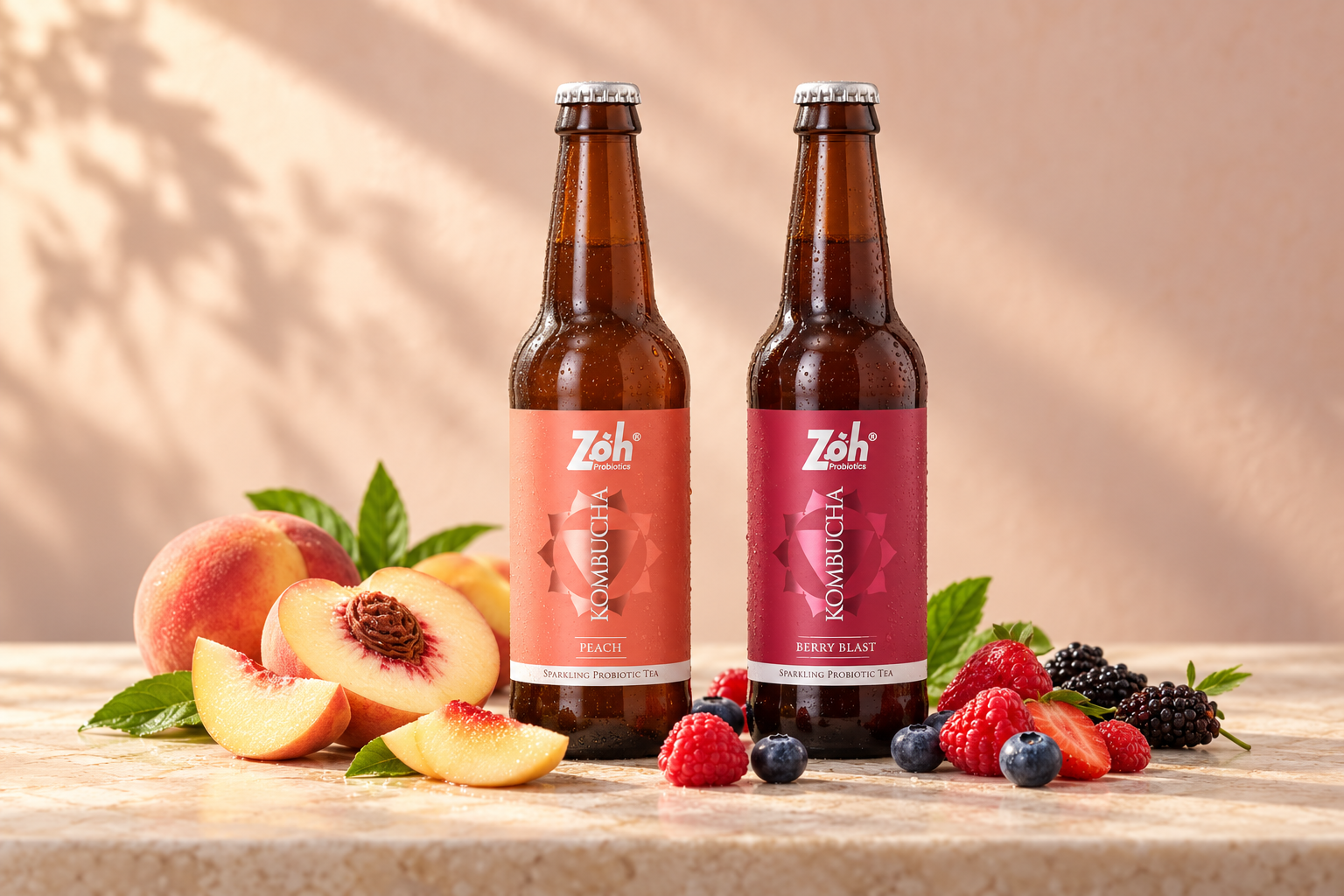 Zoh Peach and Berry Blast kombucha bottles with fruit