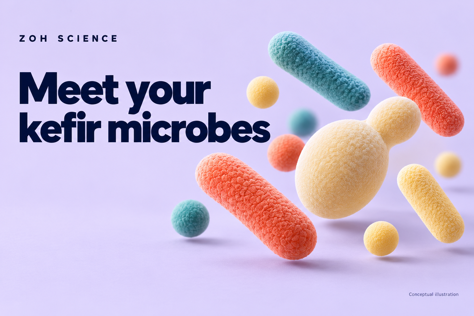 Conceptual illustration of rod-shaped bacteria, round bacteria and budding yeast forms on lilac; not microscopy or a product strain inventory