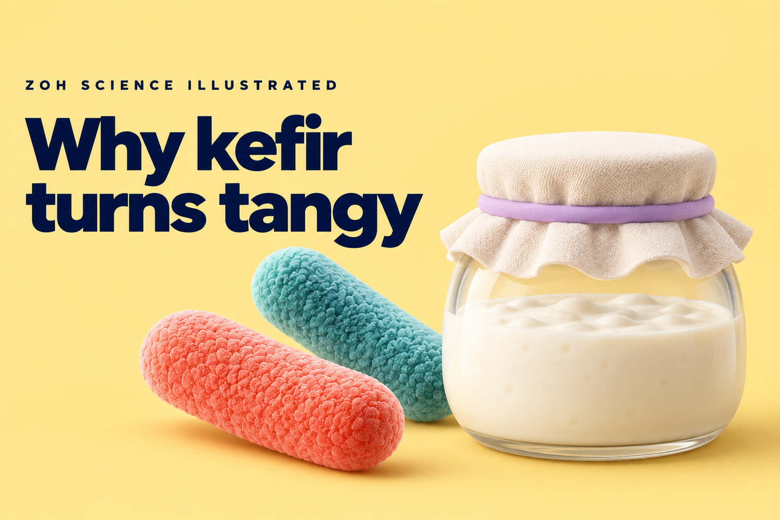 Why kefir turns tangy: conceptual 3D kefir jar and microbial forms on butter yellow
