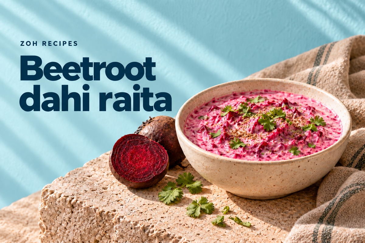 Pink beetroot dahi raita with coriander on a blue background — editorial illustration