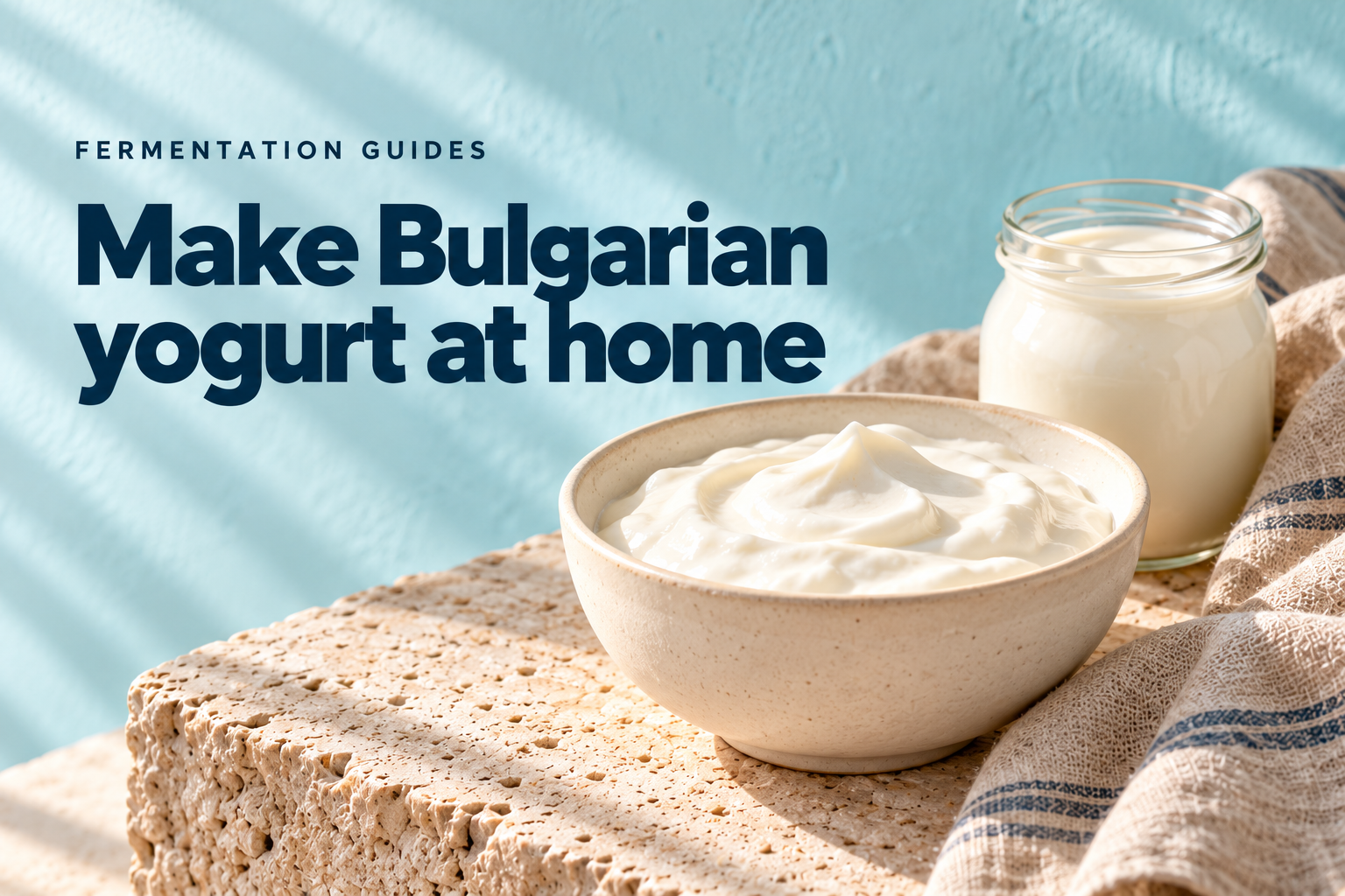 Plain Bulgarian yogurt in a bowl and jar on an aqua-blue background — editorial illustration