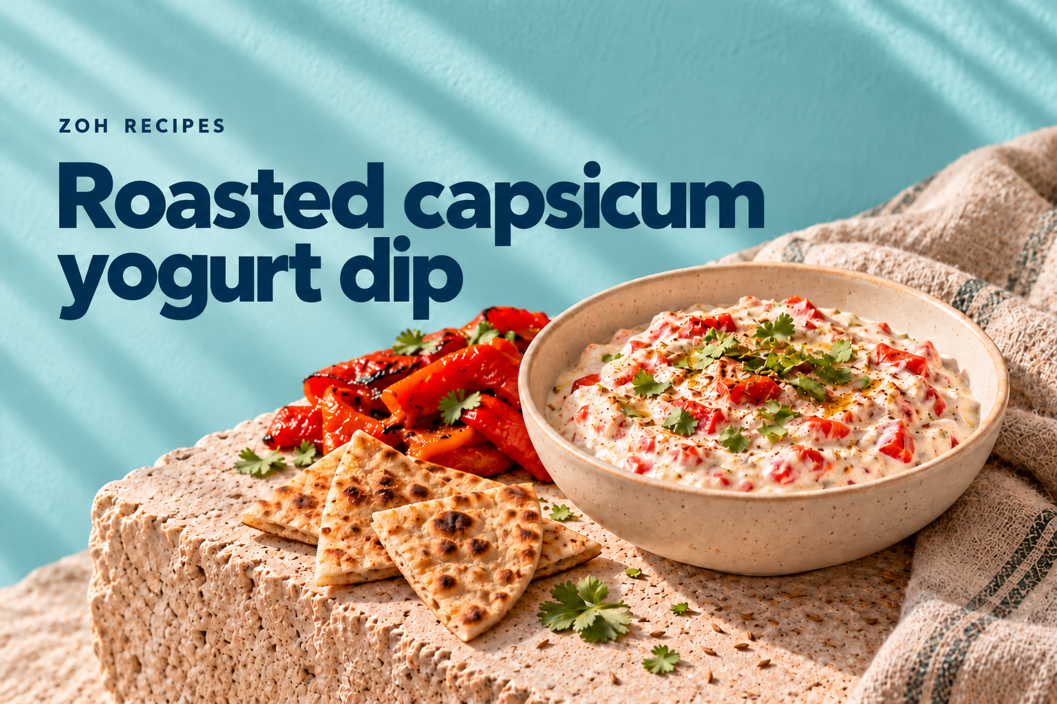 Roasted red capsicum yogurt dip with roti wedges on a blue background — editorial illustration