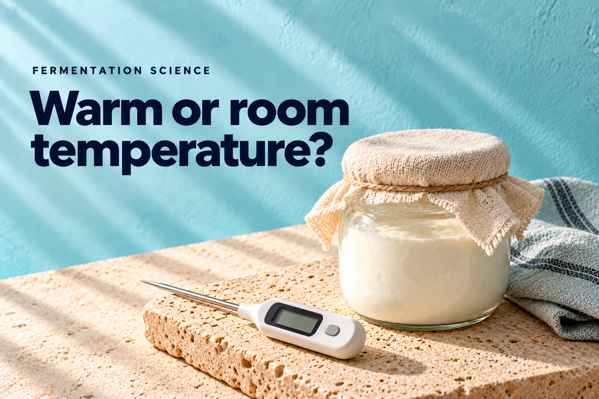 a covered glass jar of yogurt beside a simple digital food thermometer with blank screen and folded pale blue towel, warm sidelight — editorial illustration