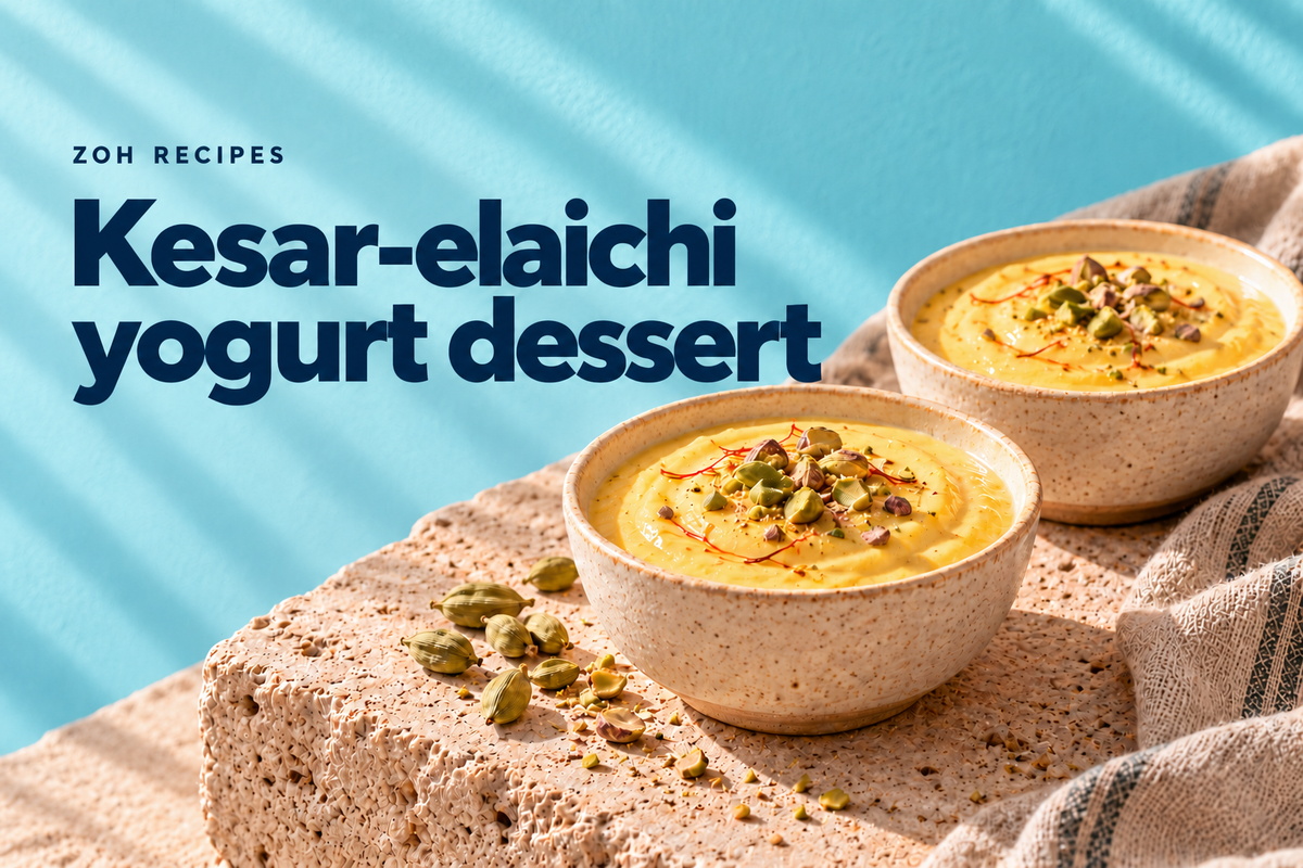 Saffron and cardamom yogurt dessert topped with pistachios on a blue background — editorial illustration