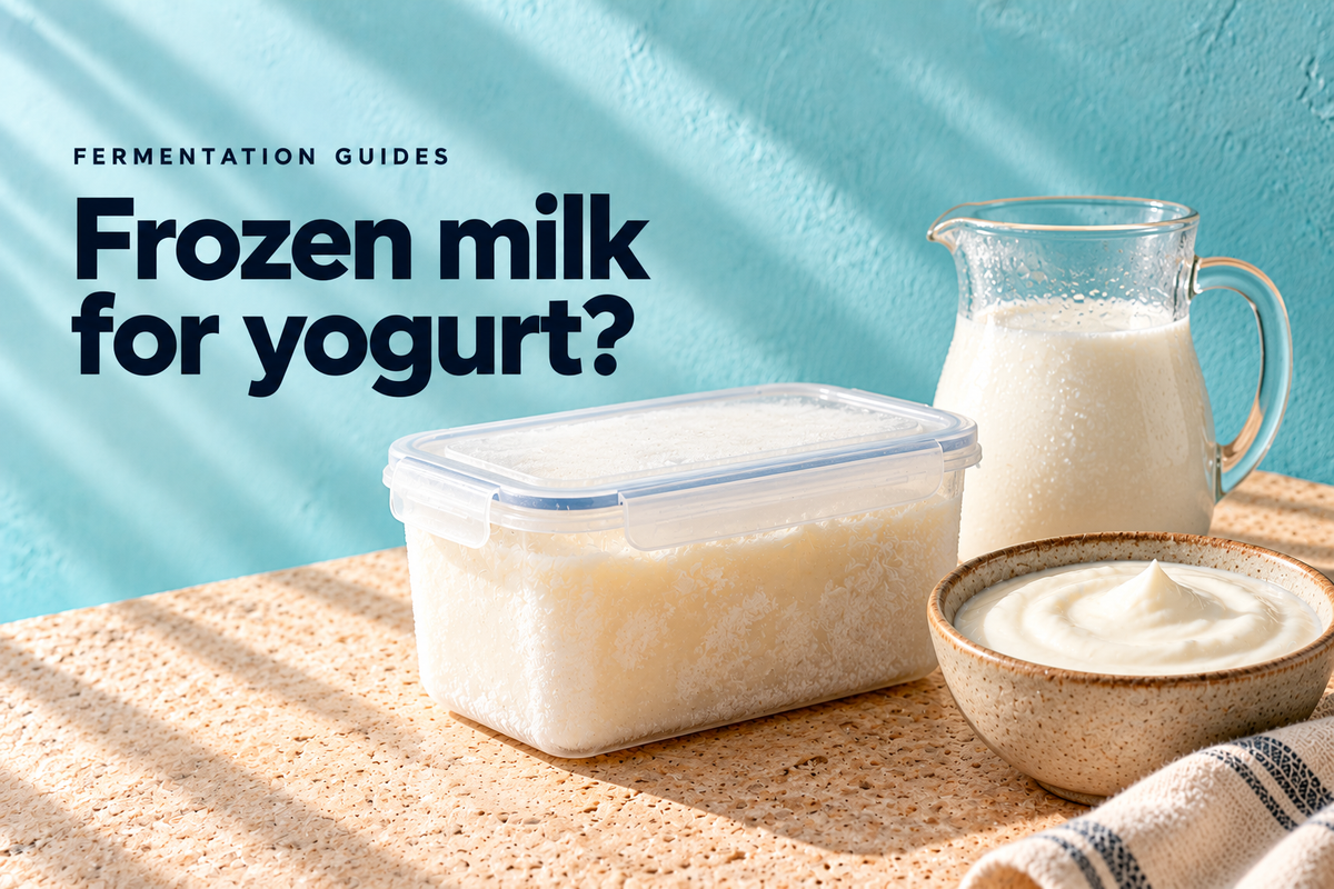 Frozen milk in a closed container, milk jug and yogurt bowl on an aqua background — editorial illustration