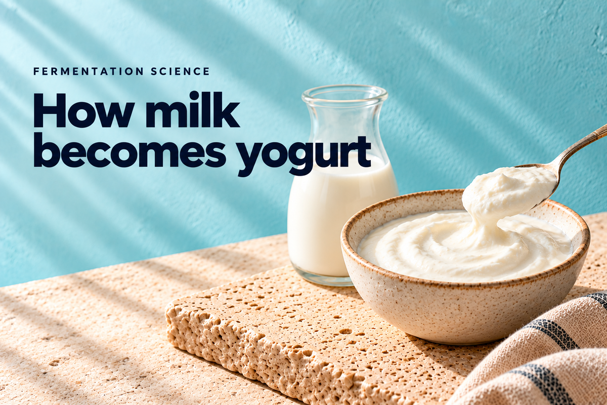 an elegant small clear glass milk carafe beside a ceramic bowl of beautifully set yogurt, a spoon lifting a soft scoop — editorial illustration