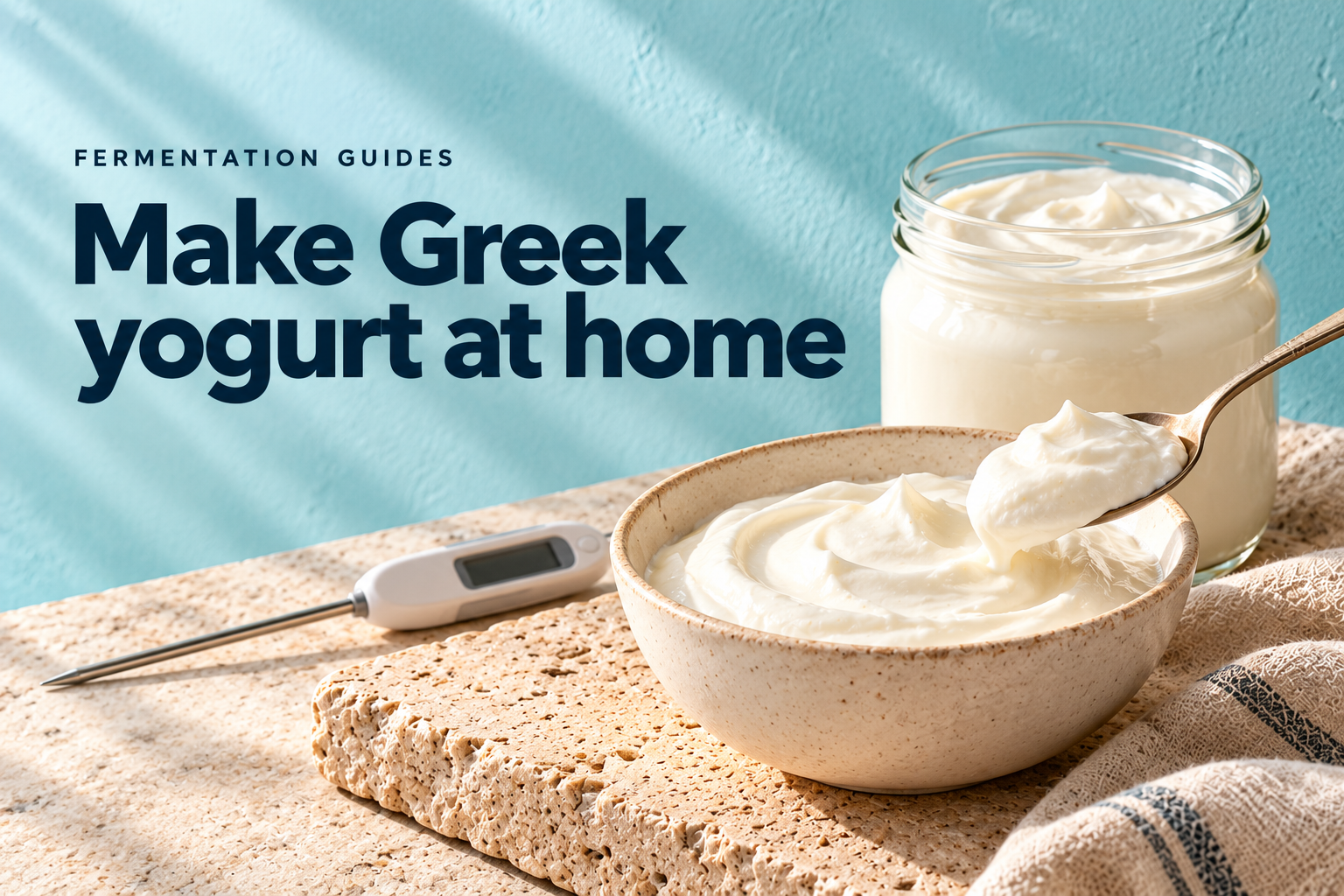 Plain Greek yogurt in a bowl and jar beside a food thermometer — editorial illustration
