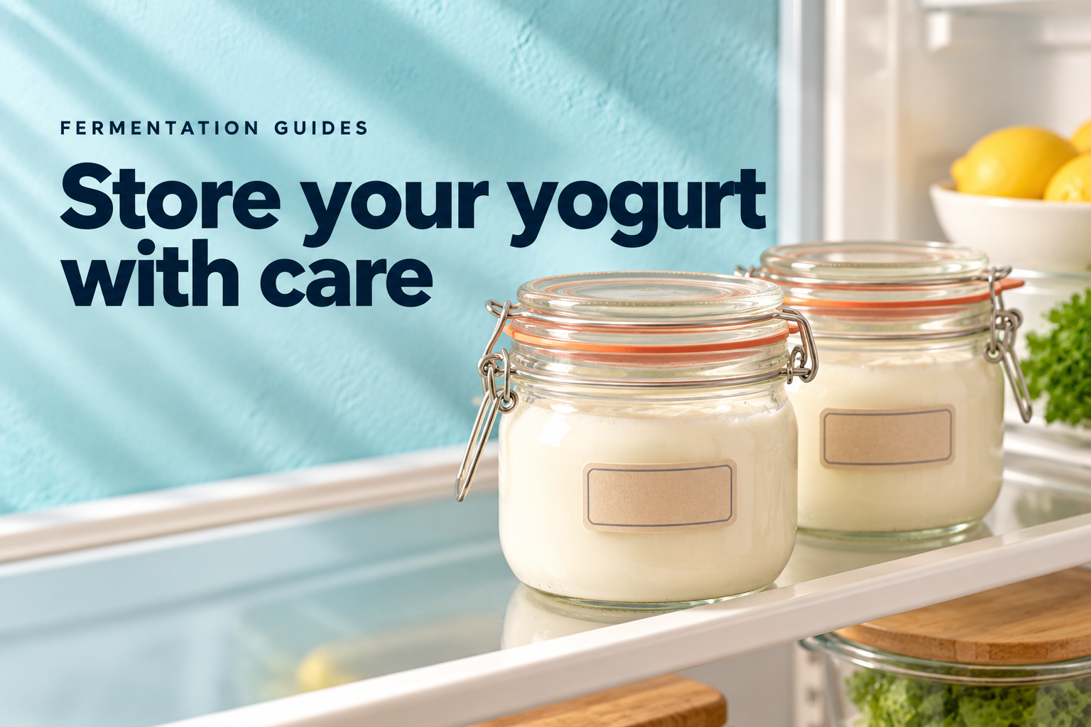 Covered yogurt jars with labels on a refrigerator shelf — editorial illustration