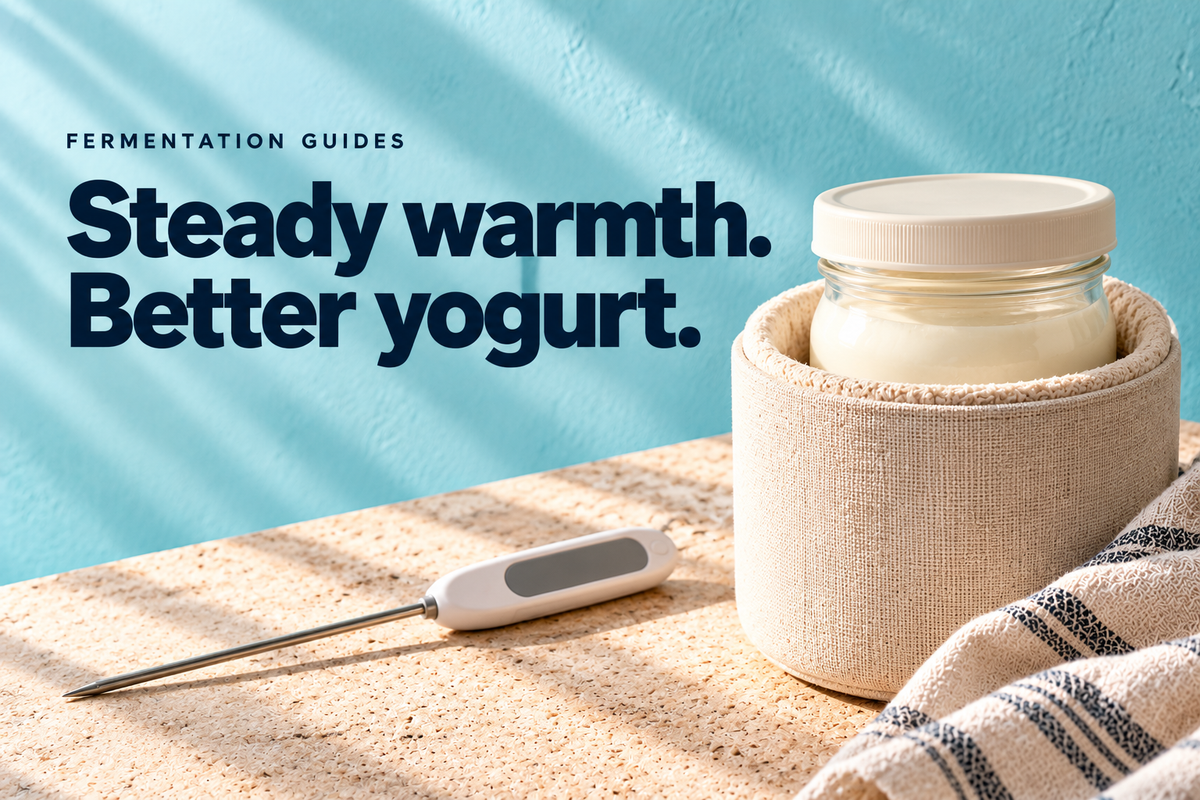 Covered yogurt jar in an insulated holder beside a thermometer — editorial illustration