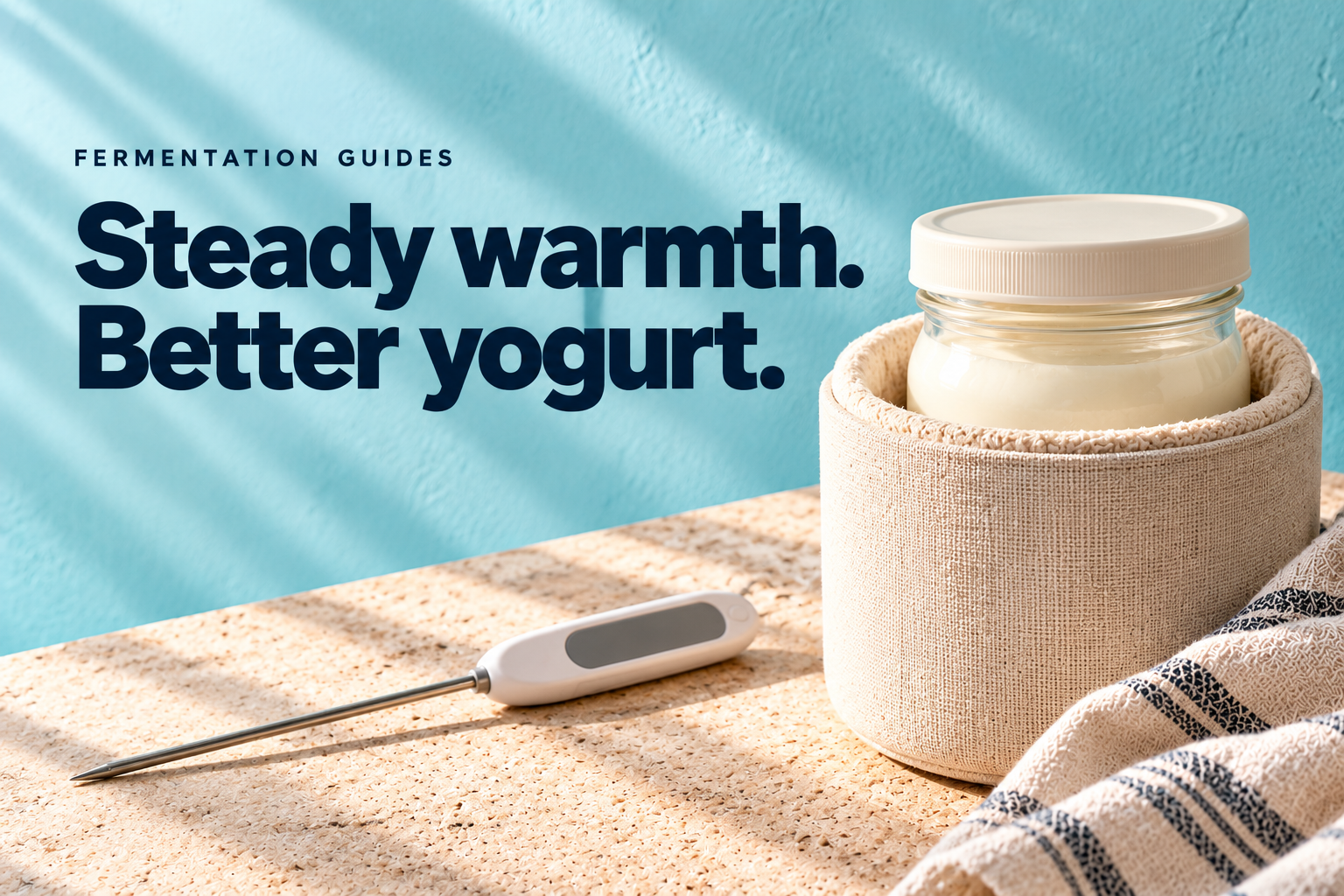 Covered yogurt jar in an insulated holder beside a thermometer — editorial illustration