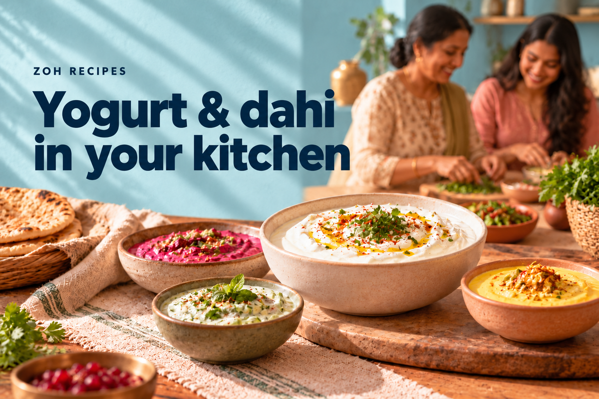 Yogurt, beetroot raita, herb dip and saffron dessert in an Indian kitchen — editorial illustration