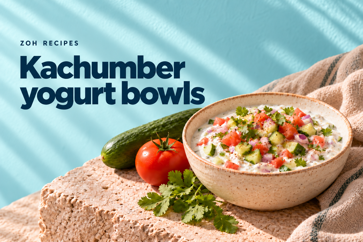 Yogurt bowl with cucumber, tomato, onion and coriander on a blue background — editorial illustration