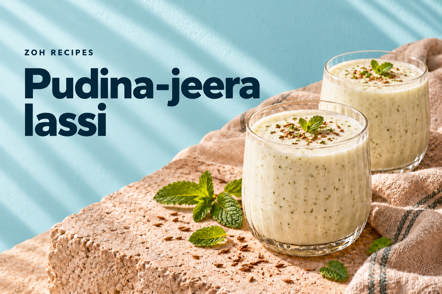 Mint and roasted cumin yogurt lassi in two glasses on a blue background — editorial illustration