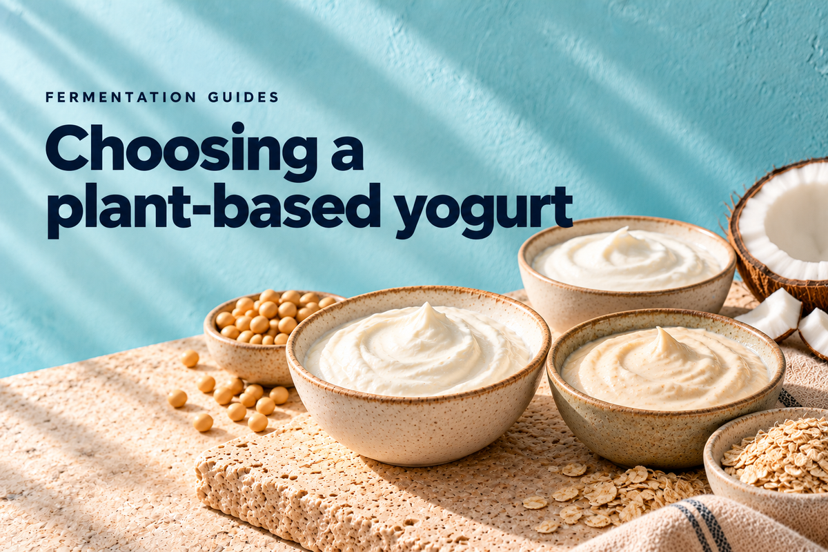 Soy, oat and coconut ingredients with bowls of plant-based cultured food — editorial illustration