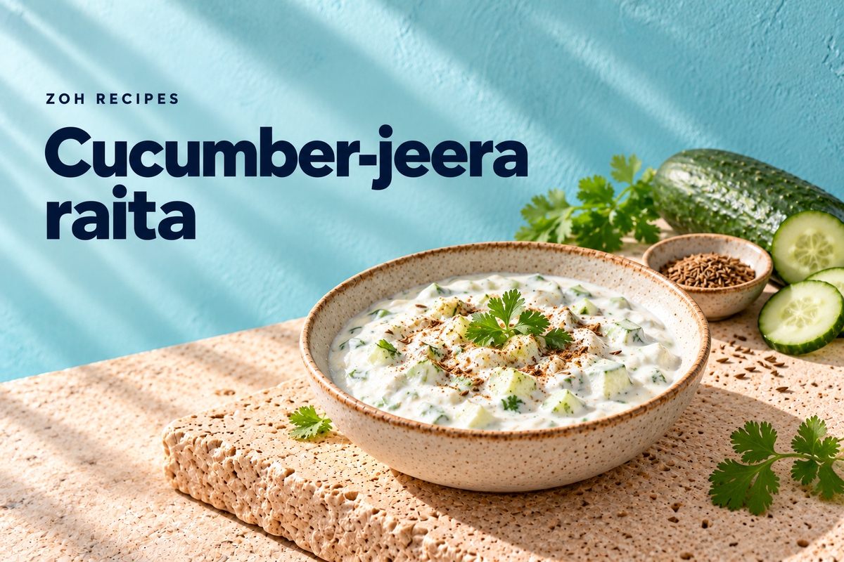 Cucumber-jeera yogurt raita with coriander on an aqua-blue background — editorial illustration