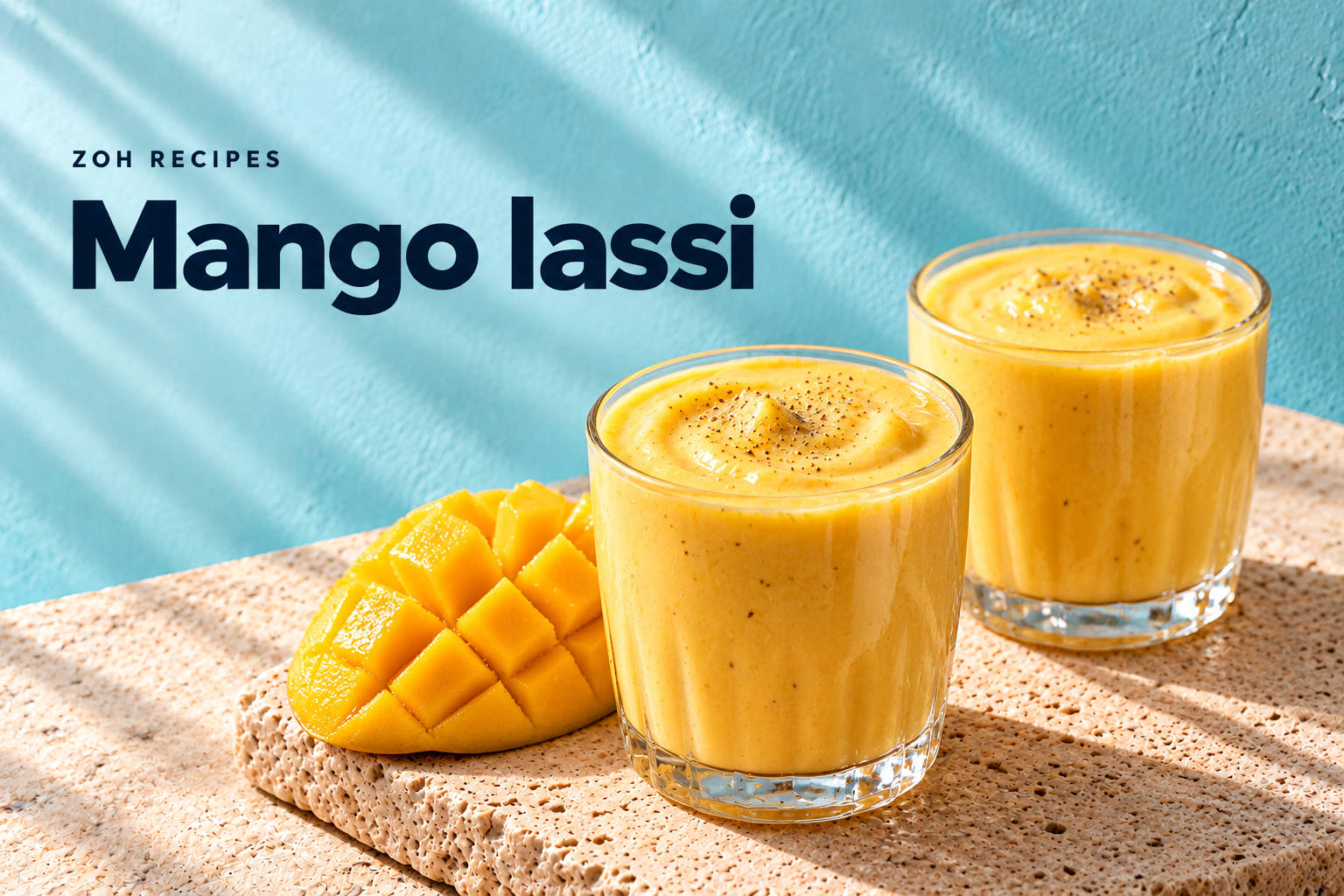 Two glasses of mango yogurt lassi with cardamom and ripe mango — editorial illustration