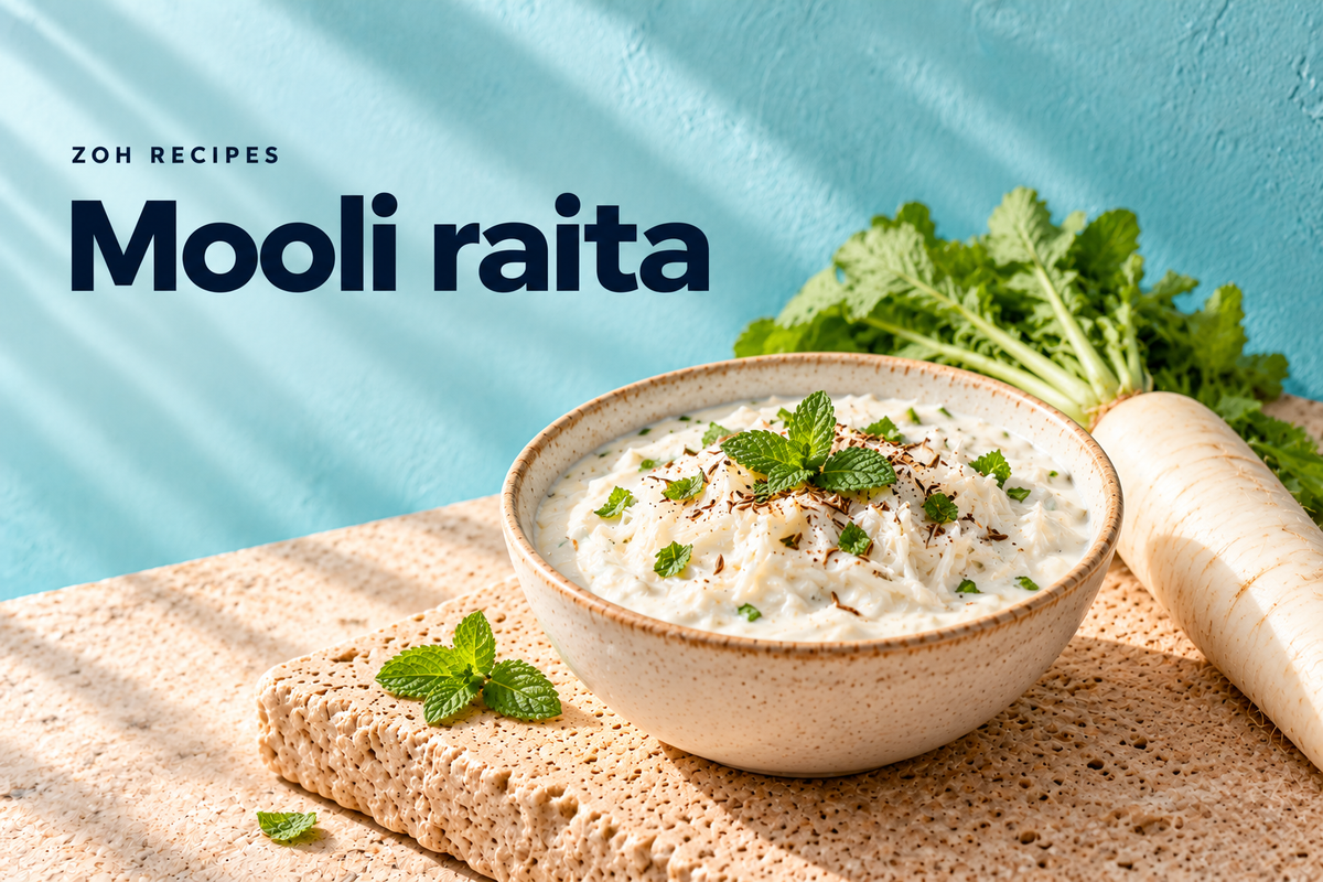 Grated white-mooli raita with yogurt, mint and roasted cumin — editorial illustration