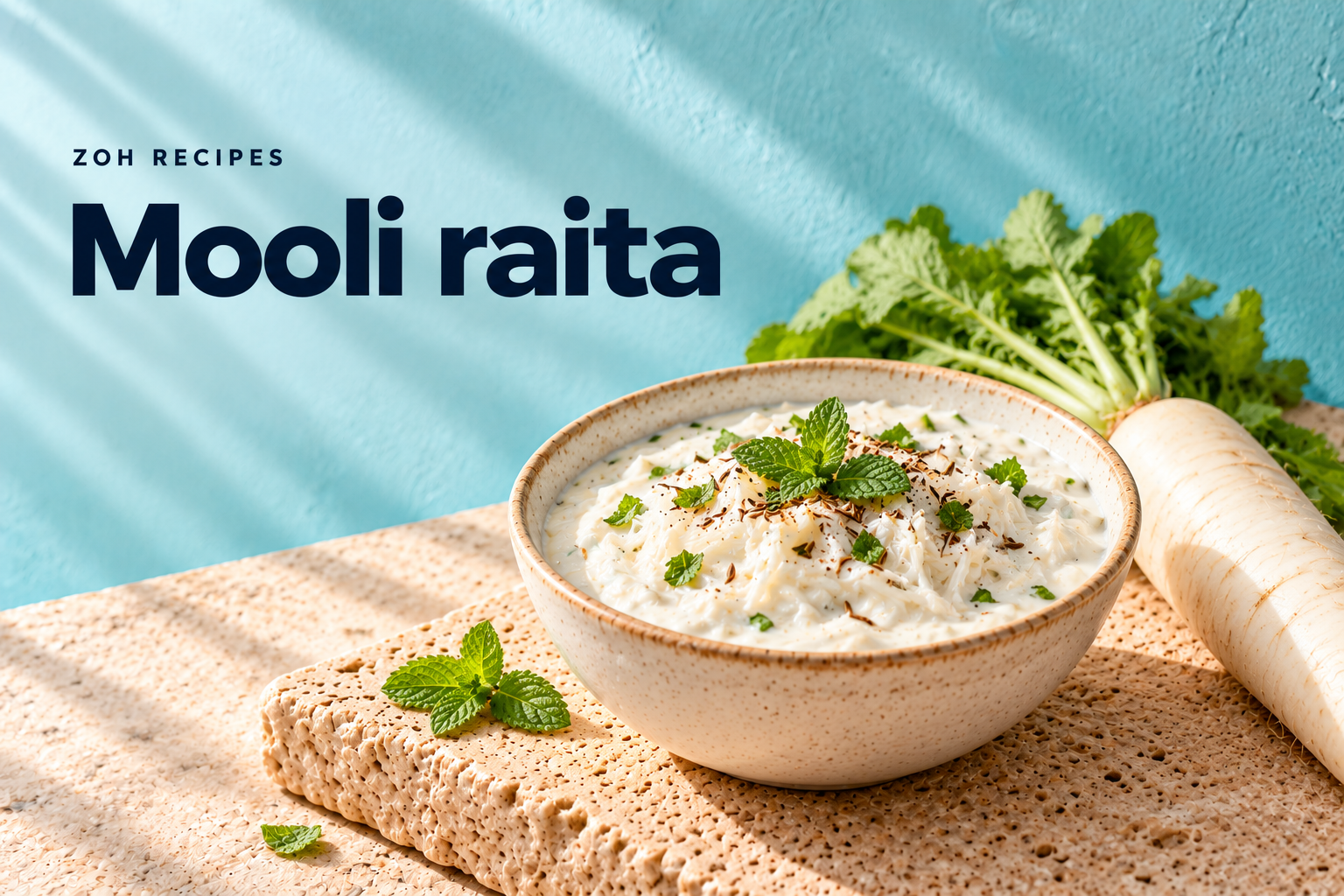Grated white-mooli raita with yogurt, mint and roasted cumin — editorial illustration