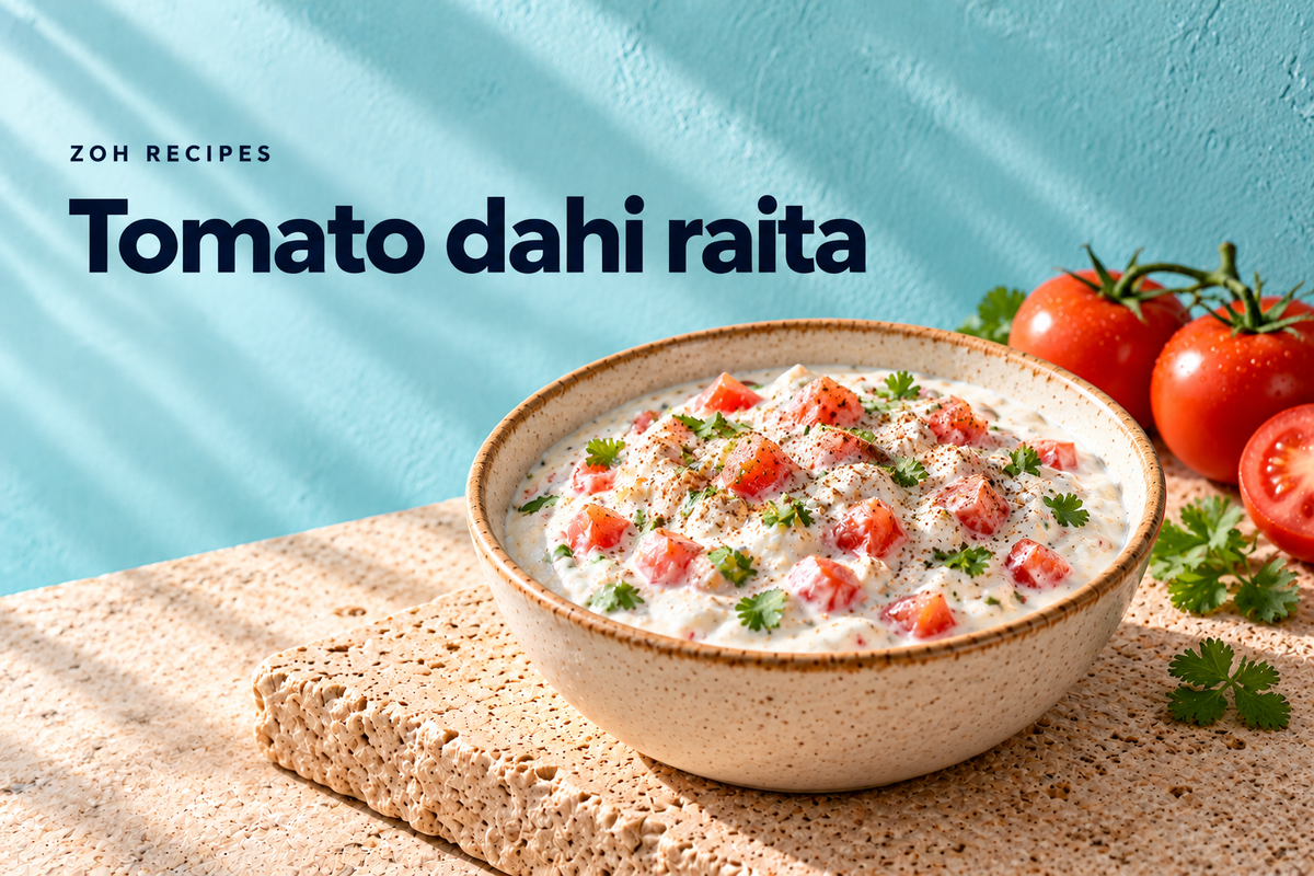 Tomato dahi raita with coriander and roasted cumin — editorial illustration