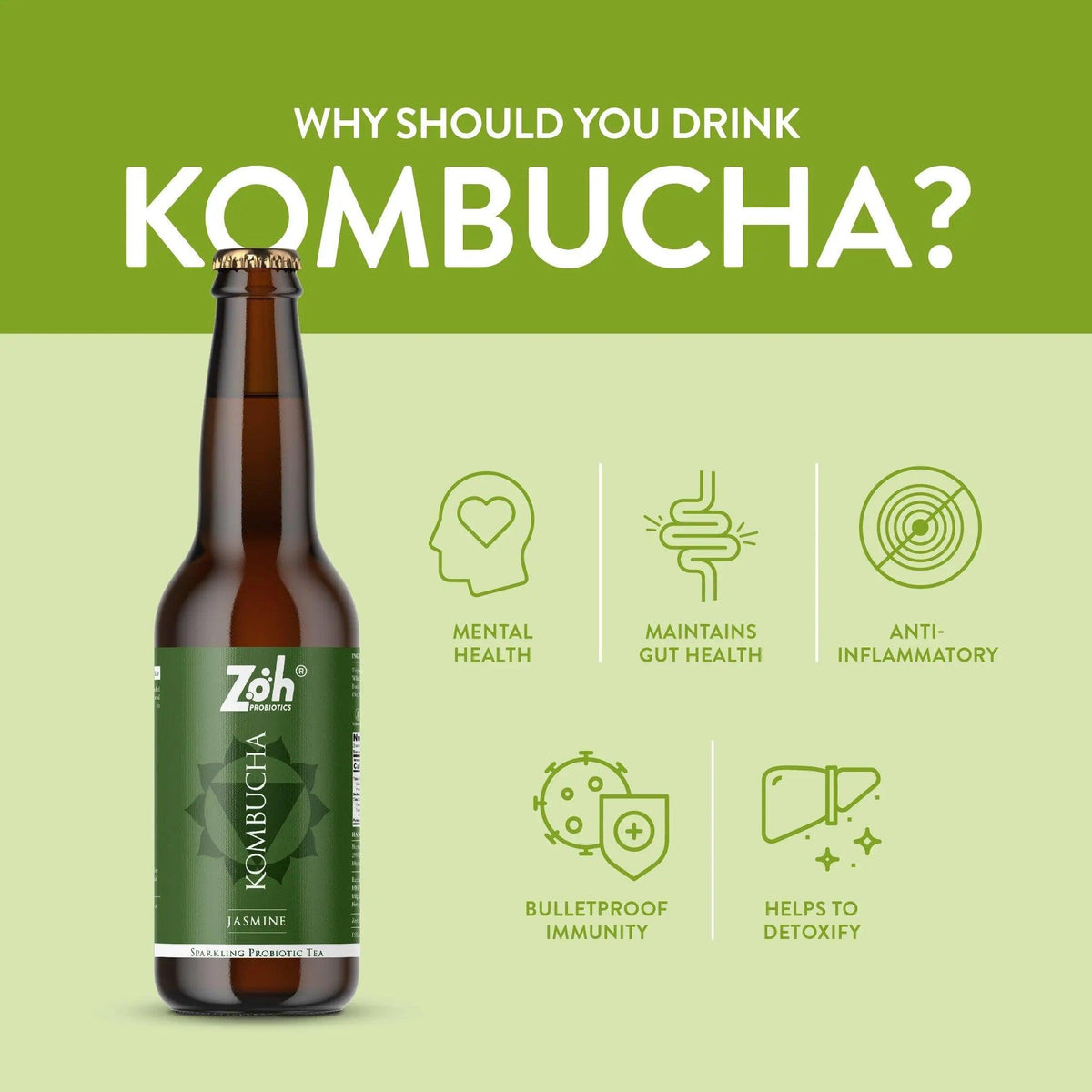 Jasmine Kombucha Benefits by Zoh: Mental Relaxation, Gut Nourishing, Anti-Inflammatory, Immunity Builder, Natural Detoxification, India