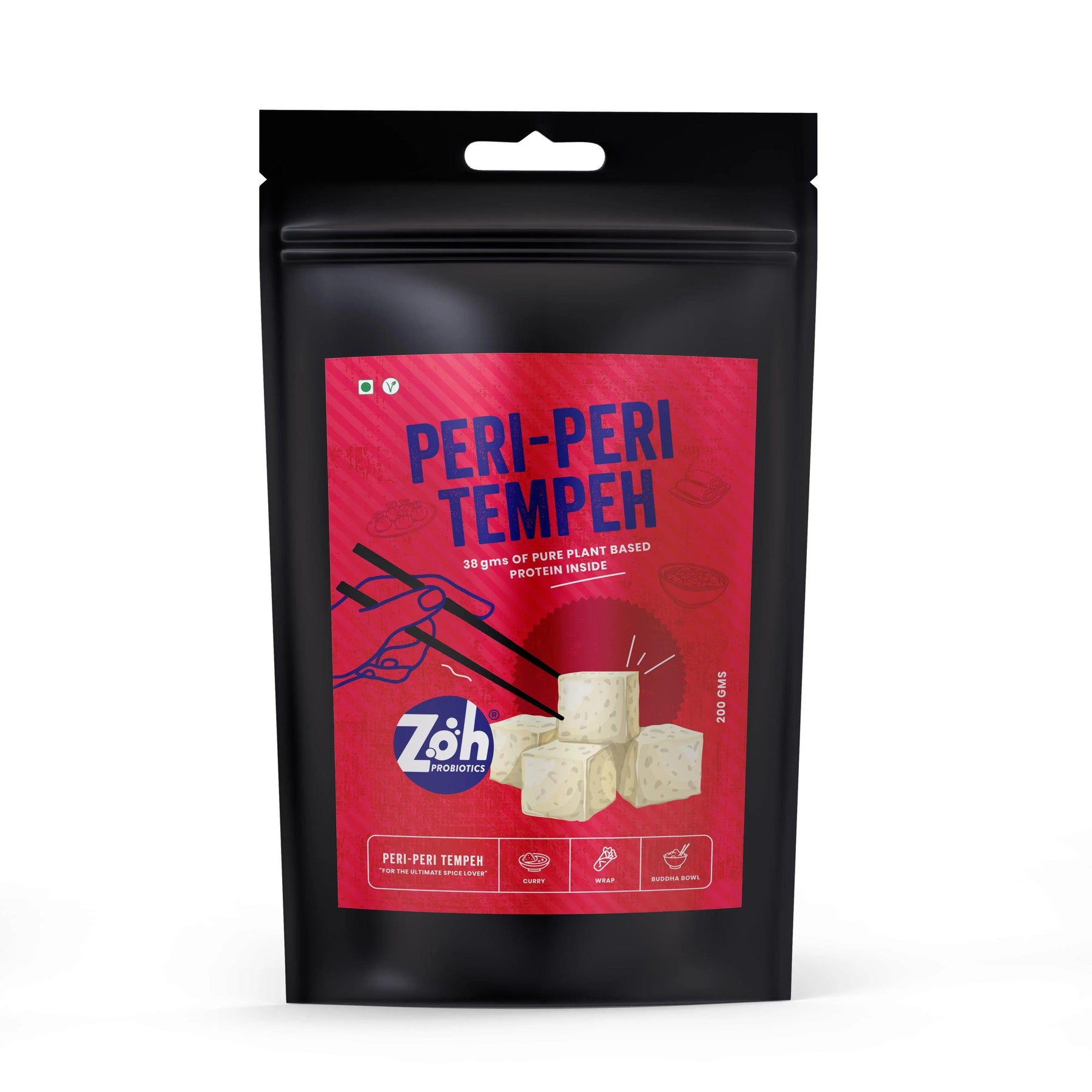 Bulk tempeh Mumbai: Front view of Zoh Peri Peri, locally sourced, sustainable