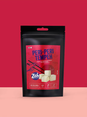 Bulk tempeh Mumbai: Coloured background mock-up of Zoh Peri Peri front packaging
