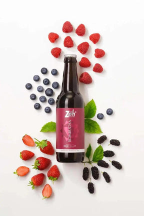 Berry blast Zoh Kombucha with ingredients, top shot, hero image, best kombucha in India